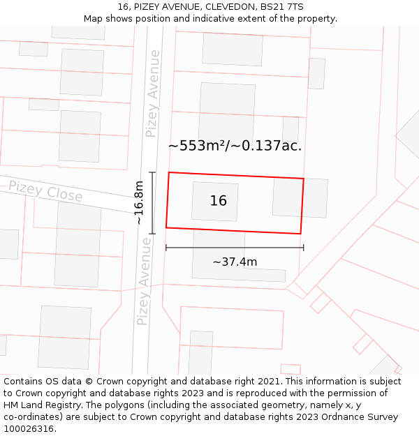 16, PIZEY AVENUE, CLEVEDON, BS21 7TS: Plot and title map