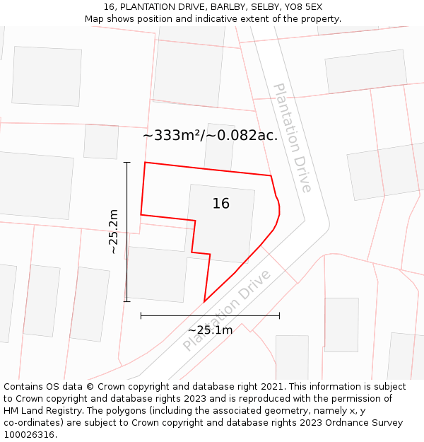 16, PLANTATION DRIVE, BARLBY, SELBY, YO8 5EX: Plot and title map