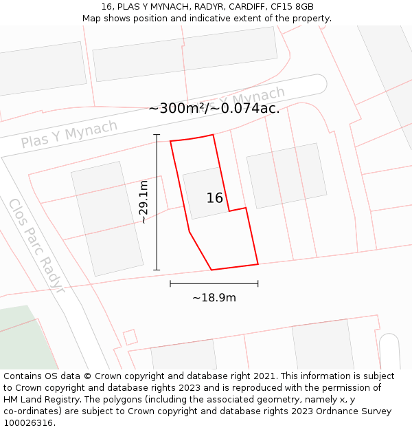 16, PLAS Y MYNACH, RADYR, CARDIFF, CF15 8GB: Plot and title map
