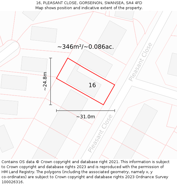 16, PLEASANT CLOSE, GORSEINON, SWANSEA, SA4 4FD: Plot and title map