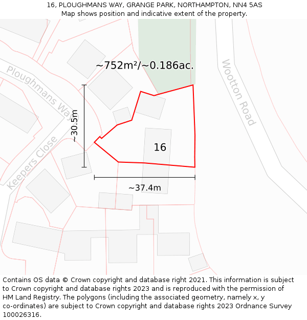 16, PLOUGHMANS WAY, GRANGE PARK, NORTHAMPTON, NN4 5AS: Plot and title map