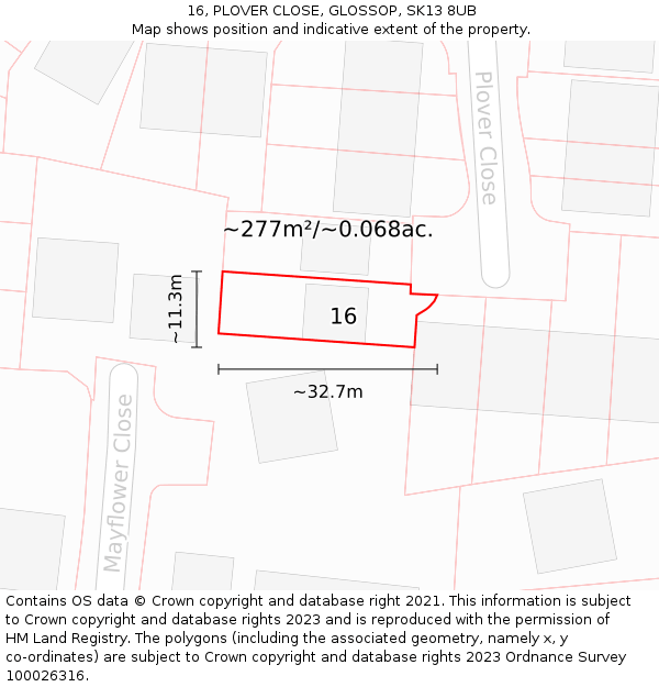 16, PLOVER CLOSE, GLOSSOP, SK13 8UB: Plot and title map