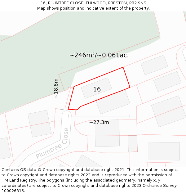 16, PLUMTREE CLOSE, FULWOOD, PRESTON, PR2 9NS: Plot and title map