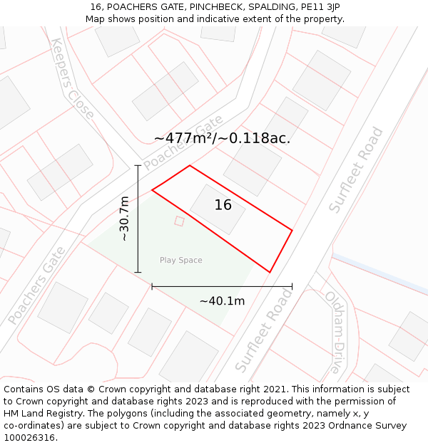 16, POACHERS GATE, PINCHBECK, SPALDING, PE11 3JP: Plot and title map