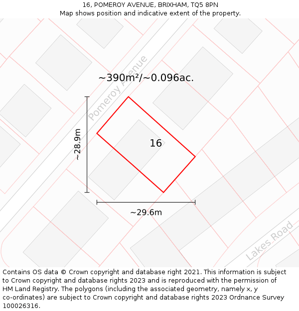 16, POMEROY AVENUE, BRIXHAM, TQ5 8PN: Plot and title map