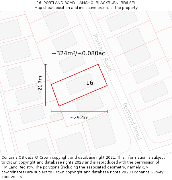 16, PORTLAND ROAD, LANGHO, BLACKBURN, BB6 8EL: Plot and title map