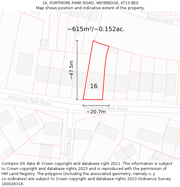 16, PORTMORE PARK ROAD, WEYBRIDGE, KT13 8ES: Plot and title map