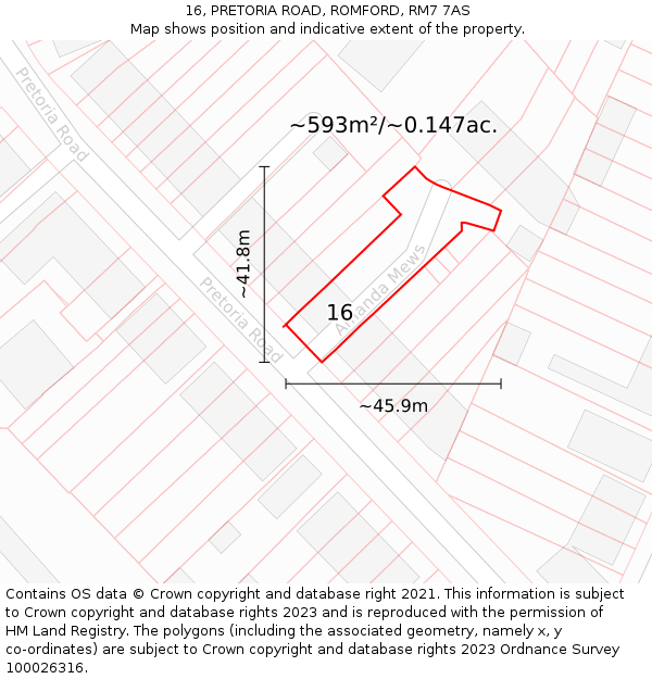 16, PRETORIA ROAD, ROMFORD, RM7 7AS: Plot and title map