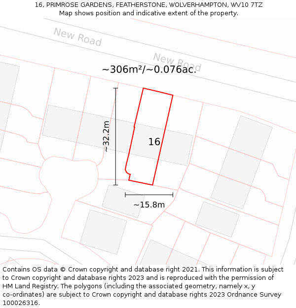 16, PRIMROSE GARDENS, FEATHERSTONE, WOLVERHAMPTON, WV10 7TZ: Plot and title map