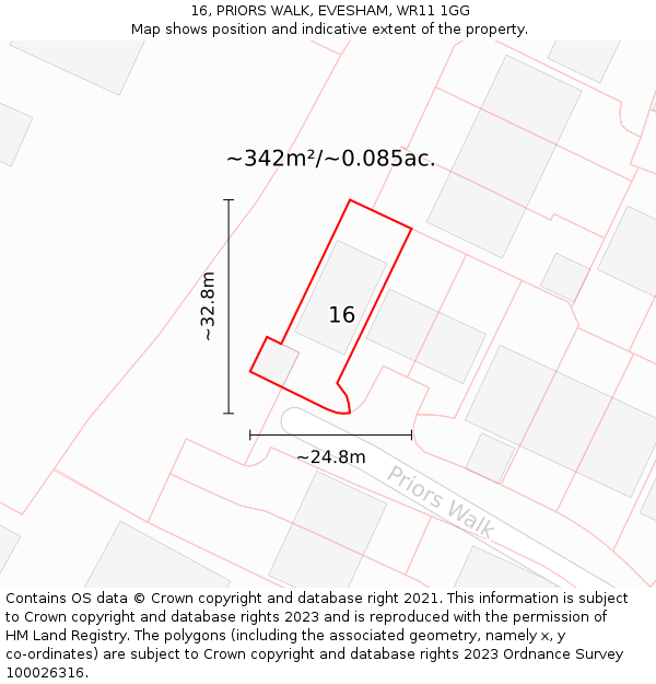 16, PRIORS WALK, EVESHAM, WR11 1GG: Plot and title map