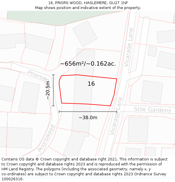 16, PRIORS WOOD, HASLEMERE, GU27 1NF: Plot and title map