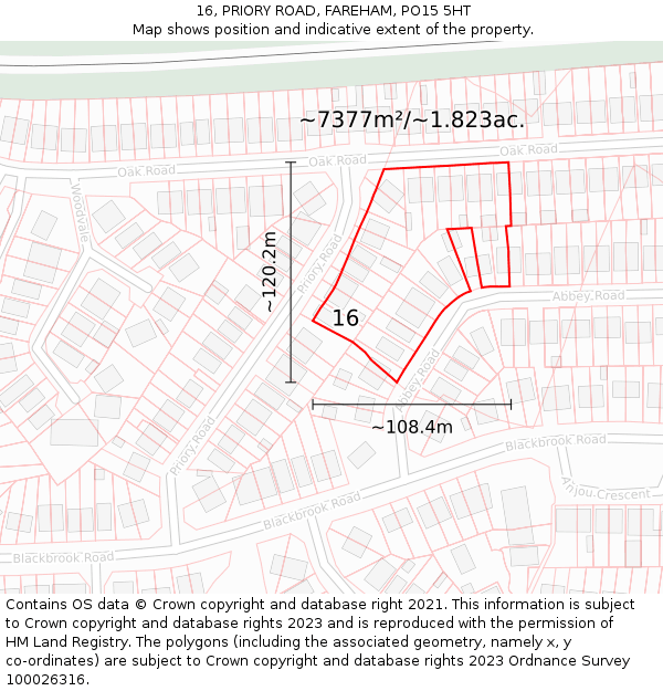 16, PRIORY ROAD, FAREHAM, PO15 5HT: Plot and title map