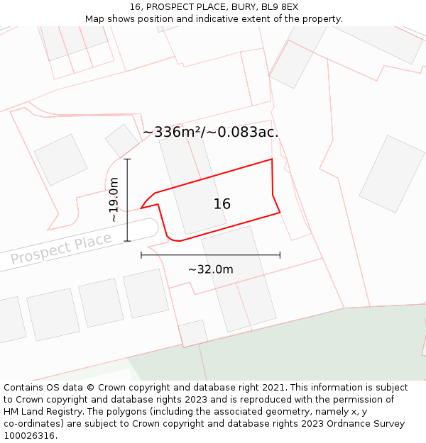 16, PROSPECT PLACE, BURY, BL9 8EX: Plot and title map