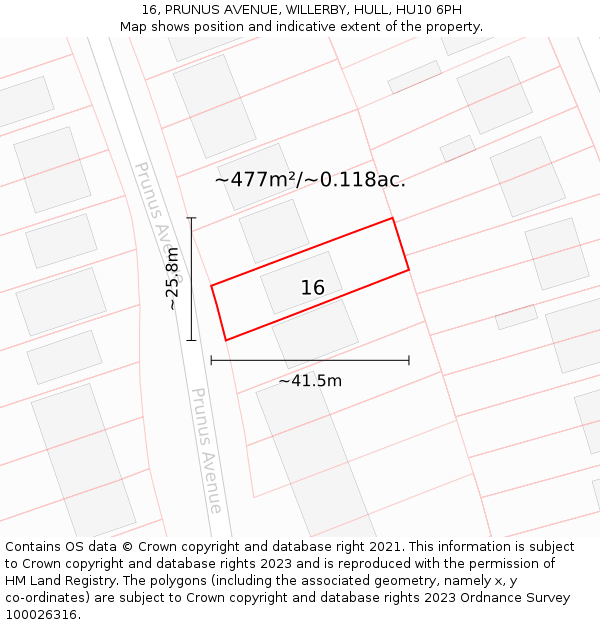 16, PRUNUS AVENUE, WILLERBY, HULL, HU10 6PH: Plot and title map