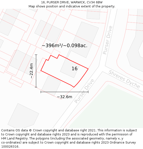 16, PURSER DRIVE, WARWICK, CV34 6BW: Plot and title map