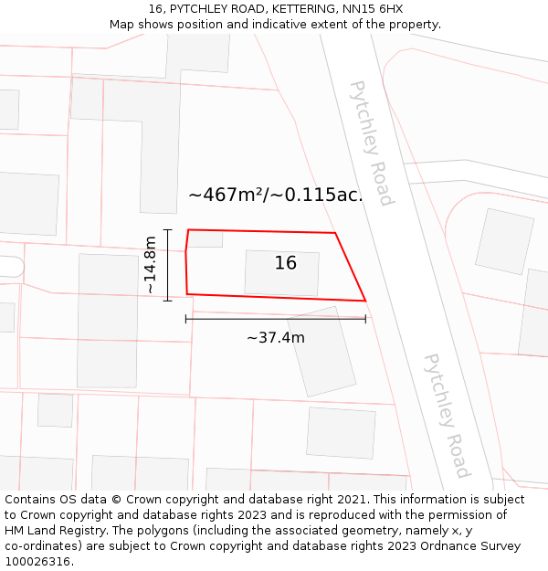 16, PYTCHLEY ROAD, KETTERING, NN15 6HX: Plot and title map