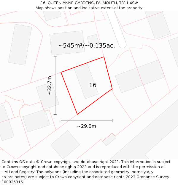 16, QUEEN ANNE GARDENS, FALMOUTH, TR11 4SW: Plot and title map