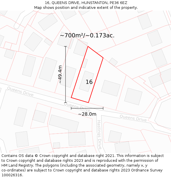 16, QUEENS DRIVE, HUNSTANTON, PE36 6EZ: Plot and title map