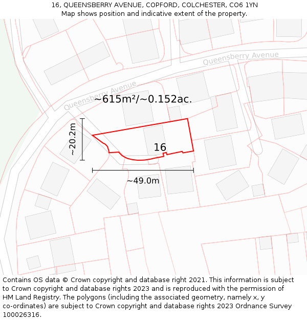 16, QUEENSBERRY AVENUE, COPFORD, COLCHESTER, CO6 1YN: Plot and title map