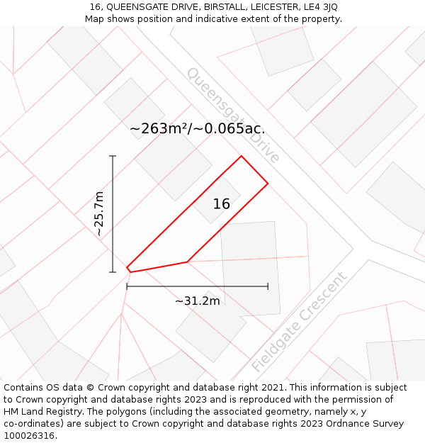 16, QUEENSGATE DRIVE, BIRSTALL, LEICESTER, LE4 3JQ: Plot and title map