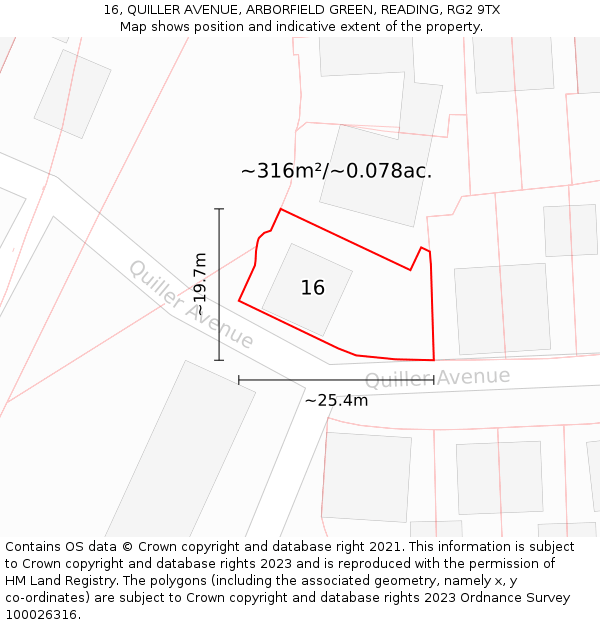 16, QUILLER AVENUE, ARBORFIELD GREEN, READING, RG2 9TX: Plot and title map