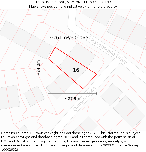 16, QUINES CLOSE, MUXTON, TELFORD, TF2 8SD: Plot and title map