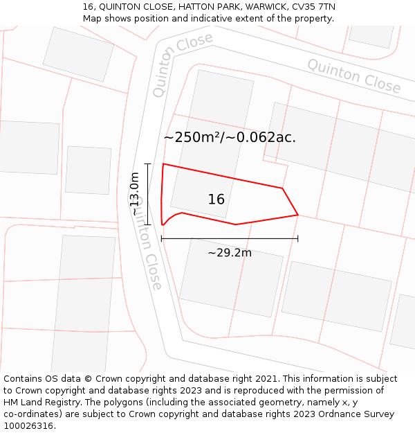 16, QUINTON CLOSE, HATTON PARK, WARWICK, CV35 7TN: Plot and title map