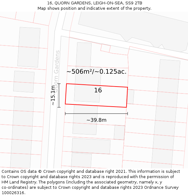 16, QUORN GARDENS, LEIGH-ON-SEA, SS9 2TB: Plot and title map