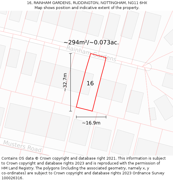 16, RAINHAM GARDENS, RUDDINGTON, NOTTINGHAM, NG11 6HX: Plot and title map