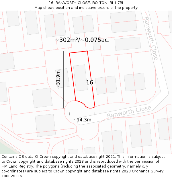 16, RANWORTH CLOSE, BOLTON, BL1 7RL: Plot and title map