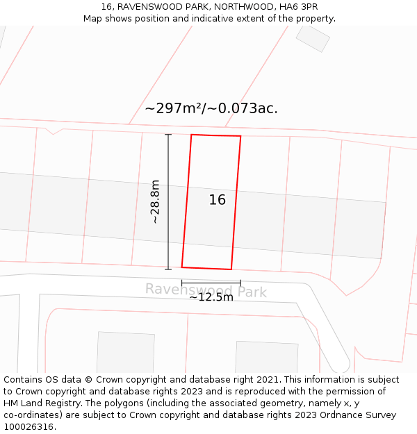 16, RAVENSWOOD PARK, NORTHWOOD, HA6 3PR: Plot and title map