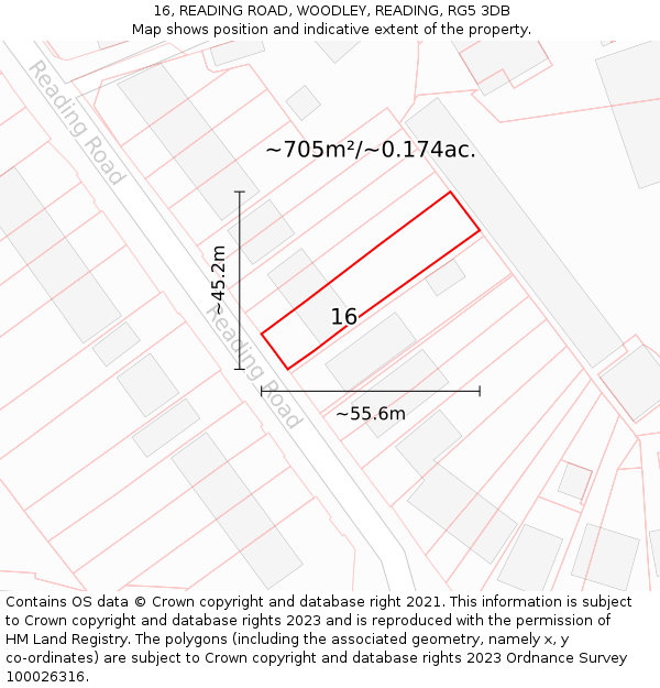 16, READING ROAD, WOODLEY, READING, RG5 3DB: Plot and title map