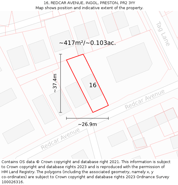 16, REDCAR AVENUE, INGOL, PRESTON, PR2 3YY: Plot and title map