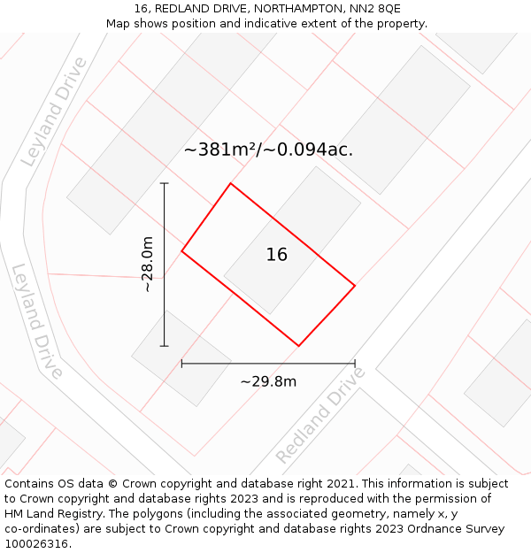 16, REDLAND DRIVE, NORTHAMPTON, NN2 8QE: Plot and title map