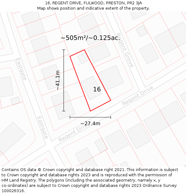 16, REGENT DRIVE, FULWOOD, PRESTON, PR2 3JA: Plot and title map