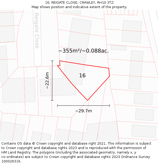 16, REIGATE CLOSE, CRAWLEY, RH10 3TZ: Plot and title map
