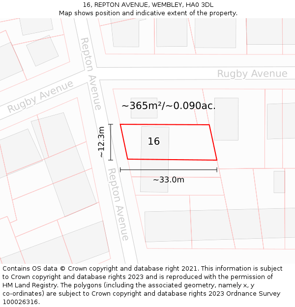 16, REPTON AVENUE, WEMBLEY, HA0 3DL: Plot and title map