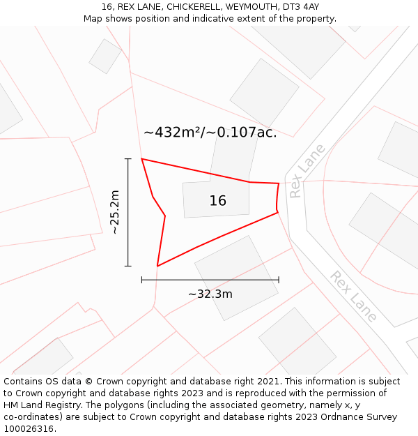 16, REX LANE, CHICKERELL, WEYMOUTH, DT3 4AY: Plot and title map