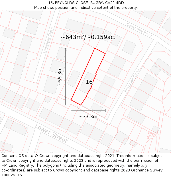 16, REYNOLDS CLOSE, RUGBY, CV21 4DD: Plot and title map