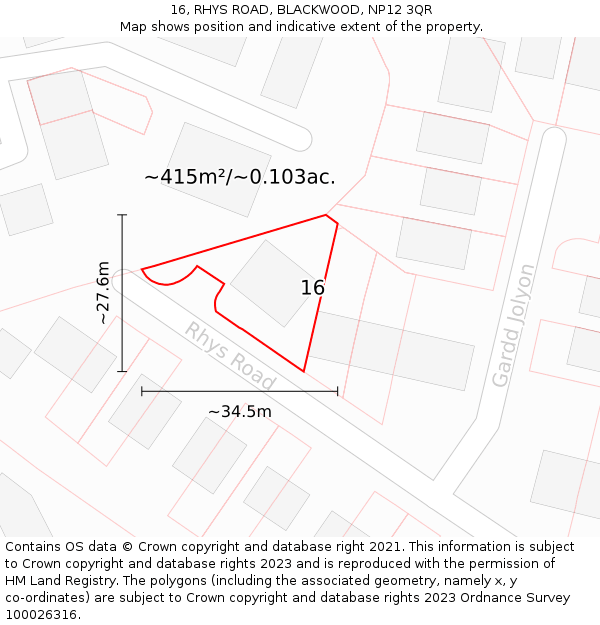 16, RHYS ROAD, BLACKWOOD, NP12 3QR: Plot and title map