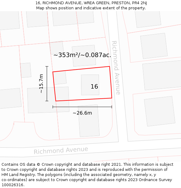 16, RICHMOND AVENUE, WREA GREEN, PRESTON, PR4 2NJ: Plot and title map