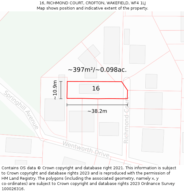 16, RICHMOND COURT, CROFTON, WAKEFIELD, WF4 1LJ: Plot and title map
