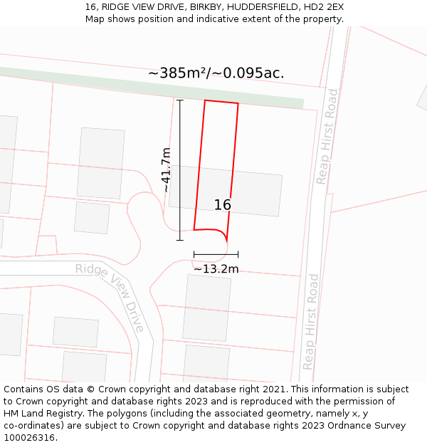 16, RIDGE VIEW DRIVE, BIRKBY, HUDDERSFIELD, HD2 2EX: Plot and title map