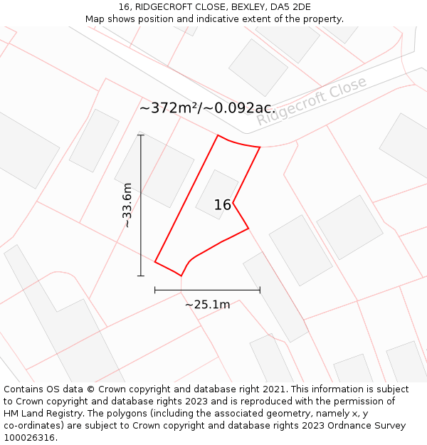 16, RIDGECROFT CLOSE, BEXLEY, DA5 2DE: Plot and title map