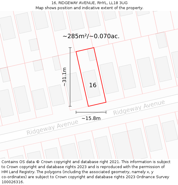 16, RIDGEWAY AVENUE, RHYL, LL18 3UG: Plot and title map