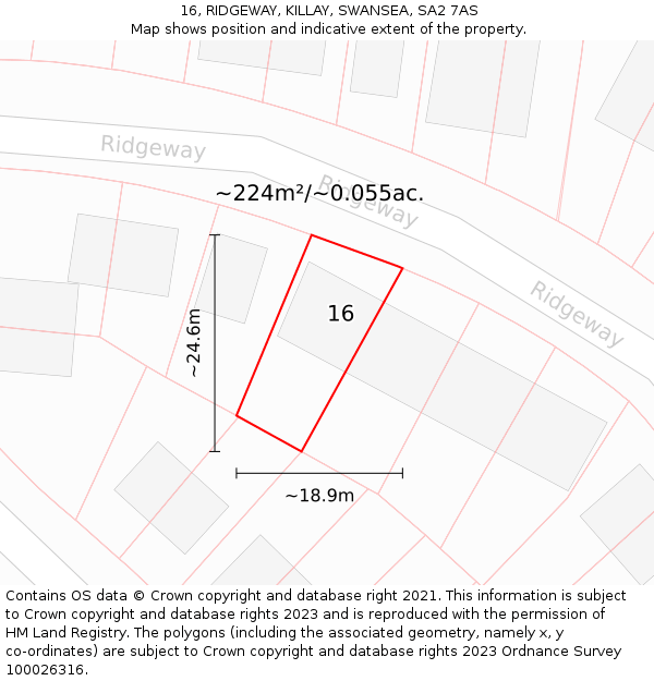 16, RIDGEWAY, KILLAY, SWANSEA, SA2 7AS: Plot and title map