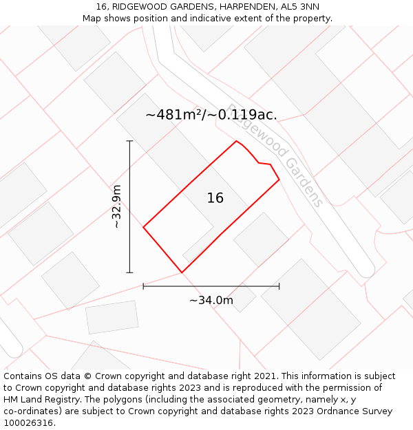 16, RIDGEWOOD GARDENS, HARPENDEN, AL5 3NN: Plot and title map