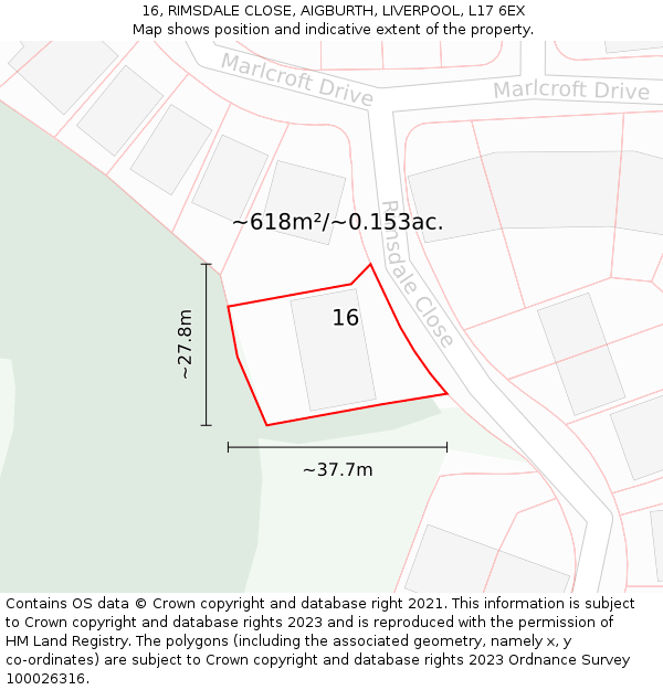 16, RIMSDALE CLOSE, AIGBURTH, LIVERPOOL, L17 6EX: Plot and title map