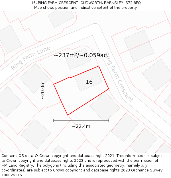 16, RING FARM CRESCENT, CUDWORTH, BARNSLEY, S72 8FQ: Plot and title map