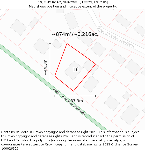 16, RING ROAD, SHADWELL, LEEDS, LS17 8NJ: Plot and title map